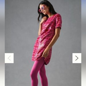 Maeve Red and Pink Checkered Sequin Shift Dress Anthropologie Size L NWT